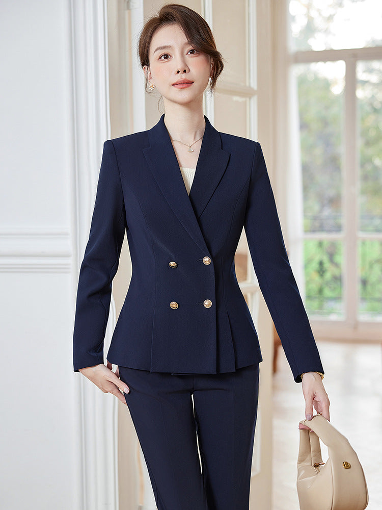 Cross-Border High-End Professional Women's Navy Blue Suit, New Spring and Autumn Style, Elegant Suit Set, Formal Attire for Hotel Sales Managers