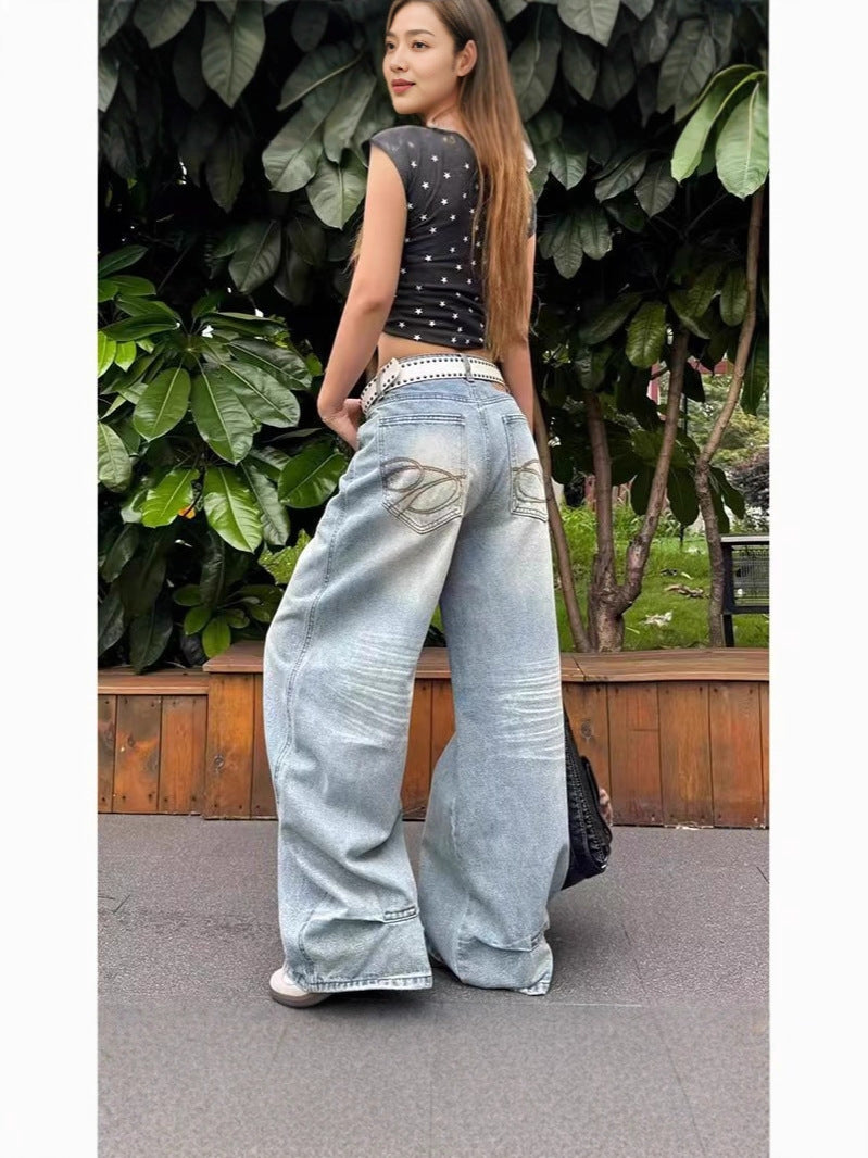 Women's Spring and Summer Thin Drape Jeans 2025 New Fashion High-Waisted Slimming Light Blue Straight Wide-Leg Floor-Length Pants