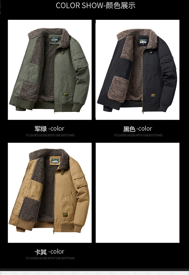 Winter Men's Lapel Pure Cotton American Casual Work Coat Lamb Fleece Coat Maillard Autumn and Winter Cotton Coat 8218