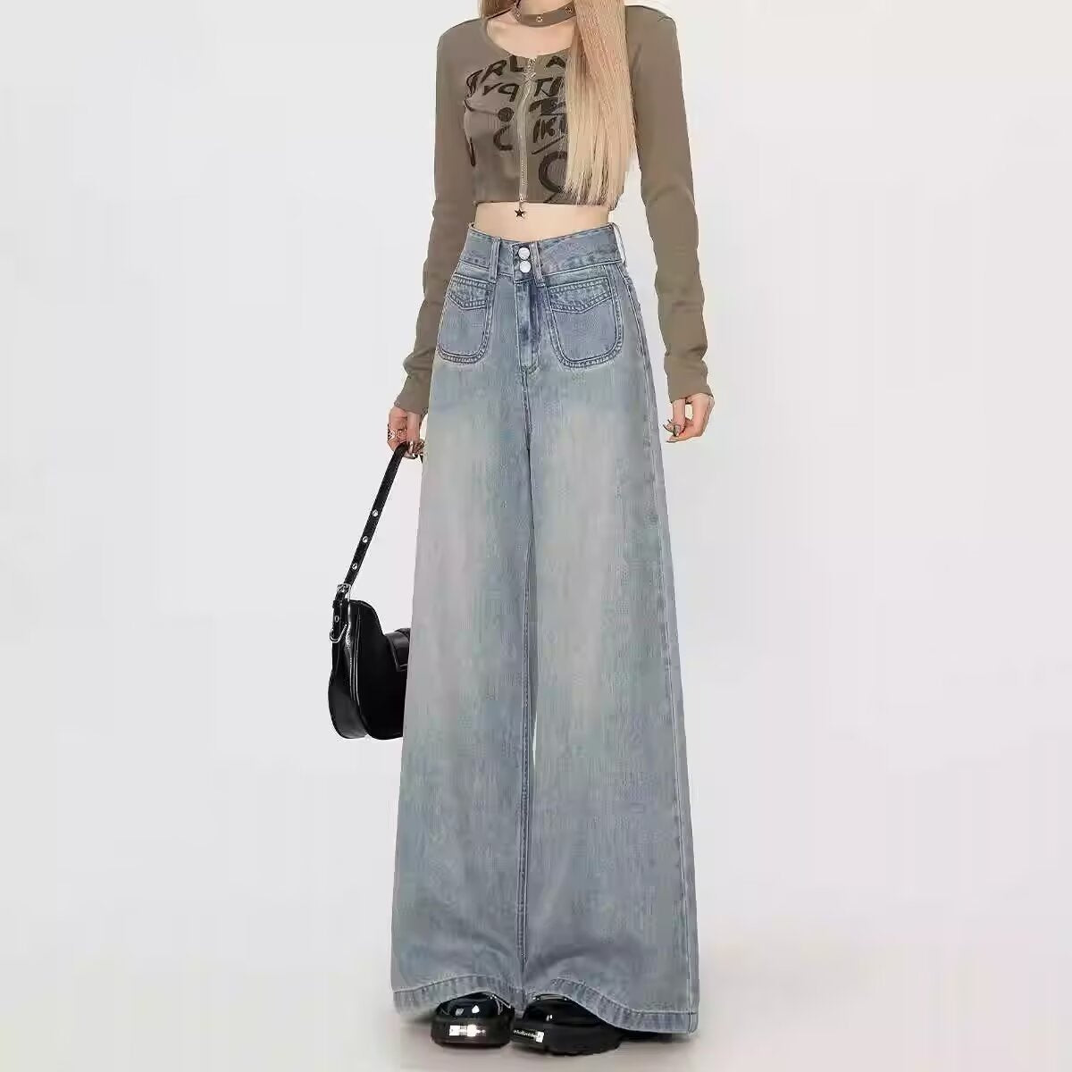 High-Waisted Wide-Leg Jeans for Women, Autumn 2025 New Style, Light Blue Early Autumn Loose Floor-Length Flared Pants, Spring and Autumn Style