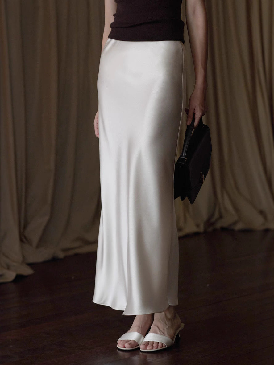 Japanese Imported Triacetate Satin Water Ripple Satin 45-Degree Bias-Cut Solid Color Long Fishtail A-Line Skirt for Women