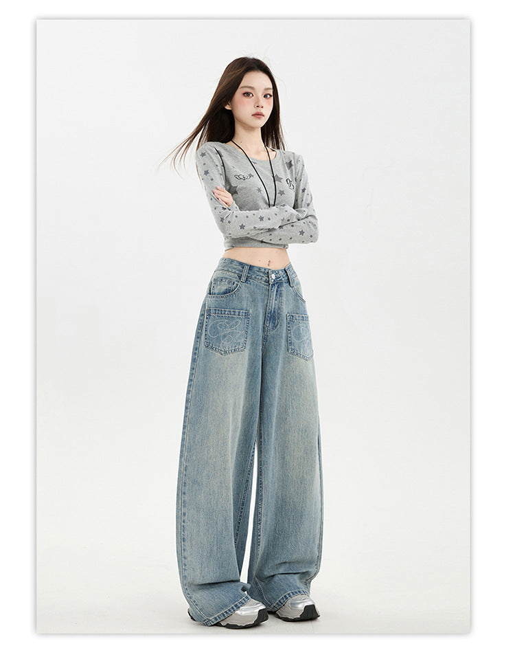 Raccoon House # American Retro Design Embroidered Jeans for Women 2025 Autumn New High-Waisted Loose Wide-Leg Pants Trendy
