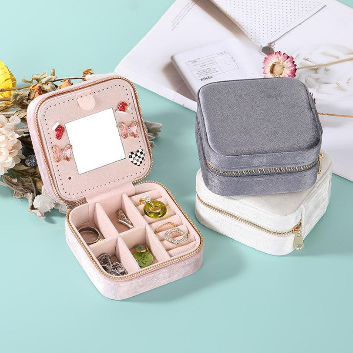 Portable Double-Layer Zipper Velvet Jewelry Storage Box Flip Earrings Earrings Ring Storage Jewelry Box