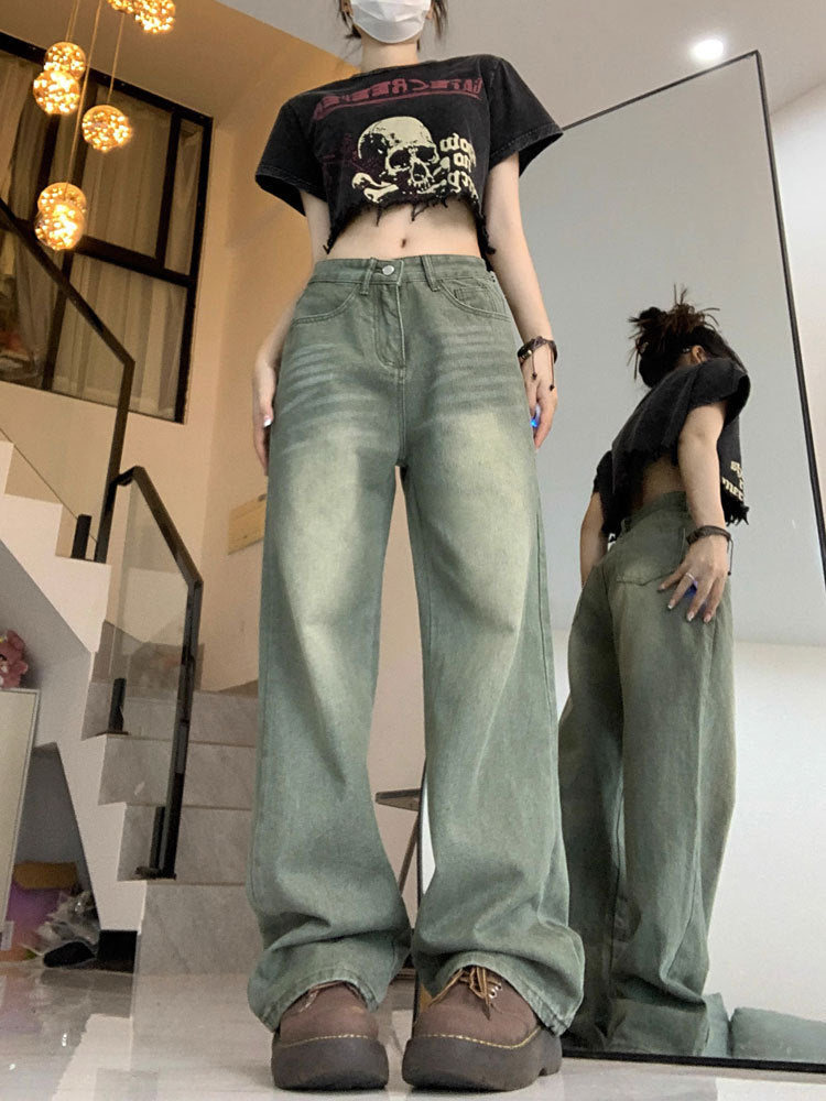 2025 Spring and Autumn Retro American High Waist Slim Straight-Leg Jeans Fashion Women's Loose Floor-Length Wide Leg Long Pants
