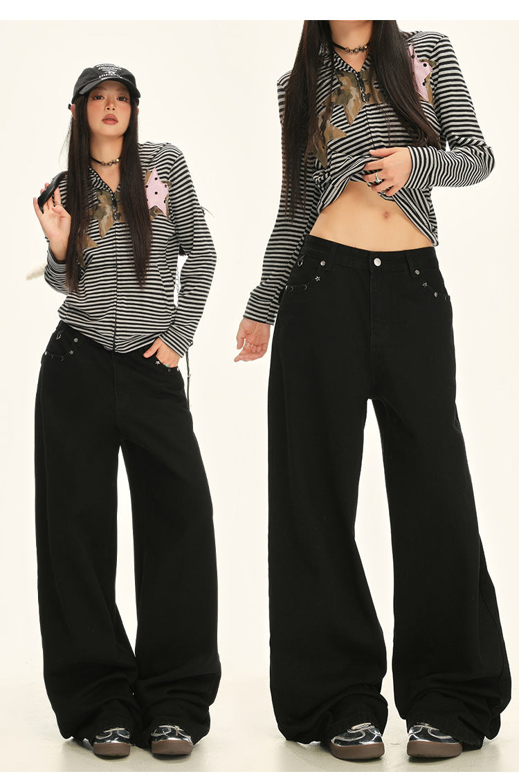 American Retro Pocket Design Black High-Waisted Wide-Leg Pants for Women, New Autumn Loose Drape Slimming Jeans for Women