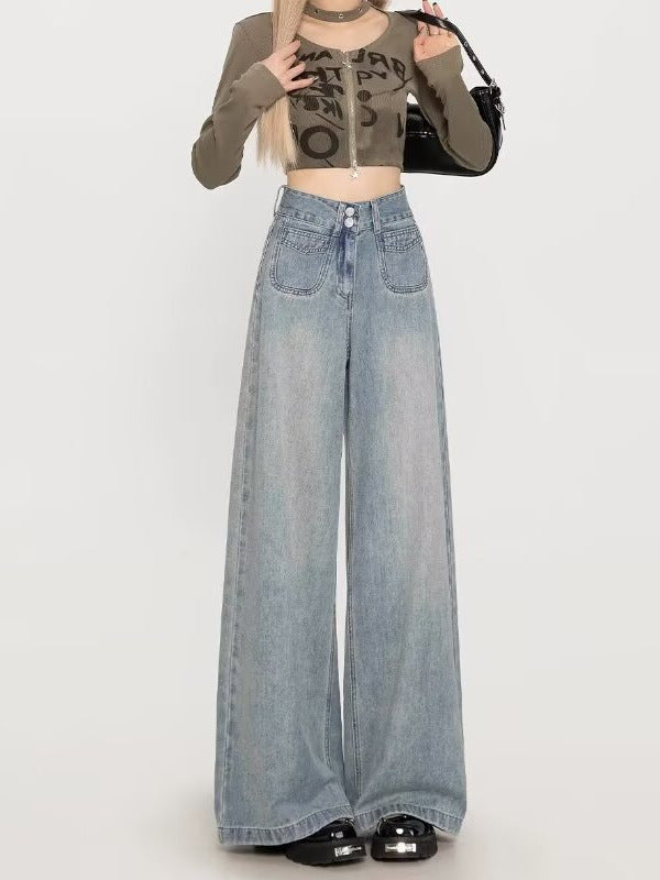 High-Waisted Wide-Leg Jeans for Women, Autumn 2025 New Style, Light Blue Early Autumn Loose Floor-Length Flared Pants, Spring and Autumn Style