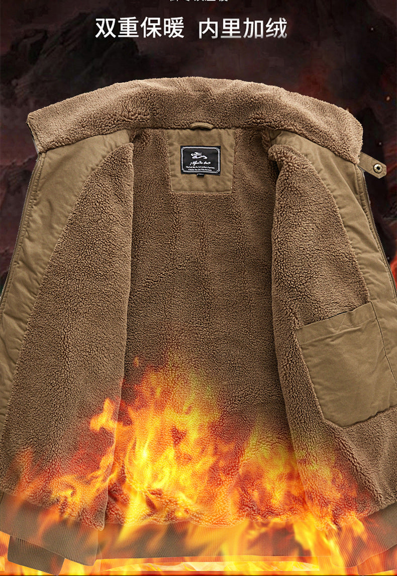 2024 Autumn/Winter New Cross-Border Men's Fleece-Lined Cotton Jacket with Stand Collar, Neck Protection, Cold-Proof, Washable Cotton Coat, Pure Cotton Outerwear