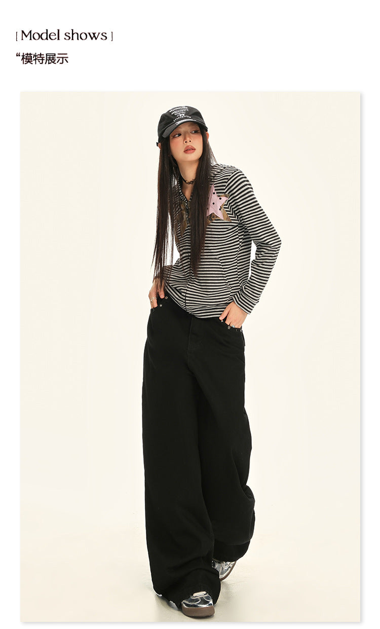 American Retro Pocket Design Black High-Waisted Wide-Leg Pants for Women, New Autumn Loose Drape Slimming Jeans for Women