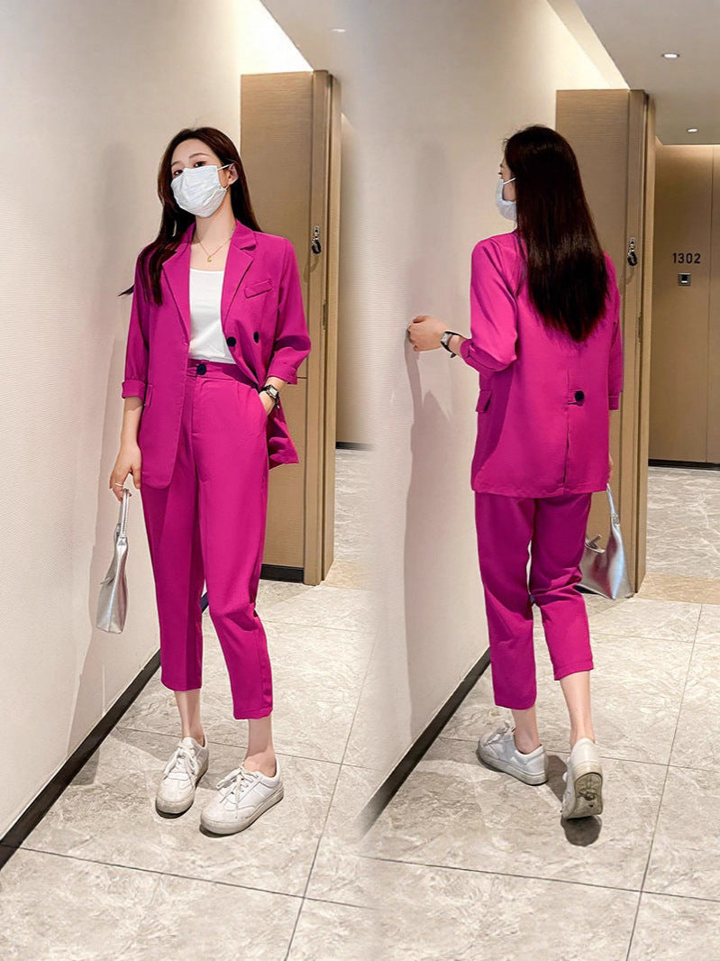 Cross-Border Plus Size Women's Clothing Plus Size Fashion Suit Women's Spring and Autumn Korean Style Temperament Back Slit Cropped Pants Two-Piece Set