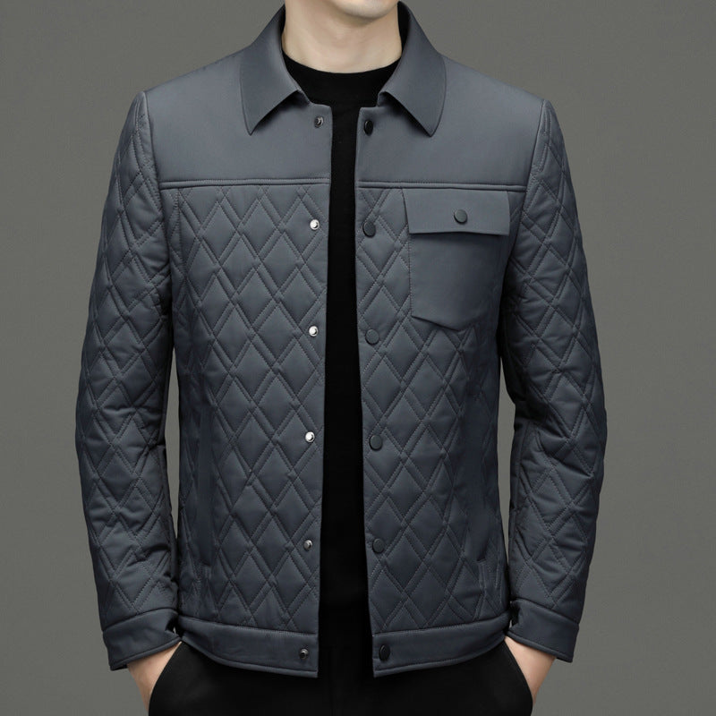 High-end men's mulberry silk cotton-padded coat business casual plaid middle-aged lightweight cotton-padded jacket autumn and winter men's lapel cotton-padded coat