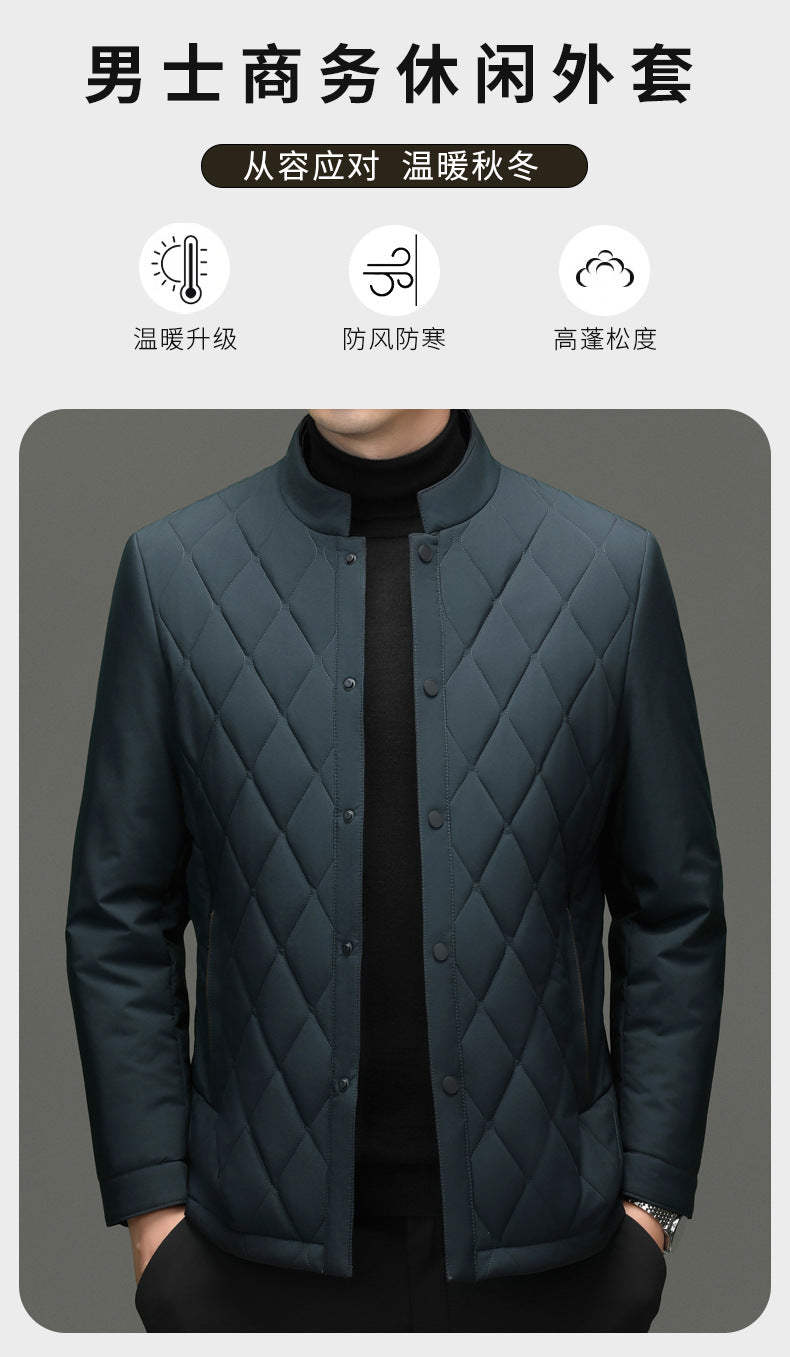 Men's Stand Collar Diamond Pattern Cotton Jacket Autumn and Winter Business Casual Warm Jacket Young and Middle-Aged Fashion Single-Breasted Top