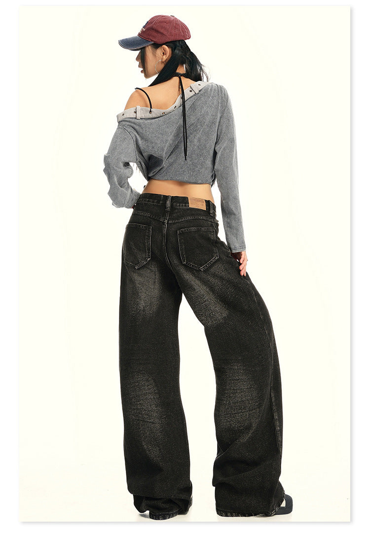 American Retro Wide-Leg Jeans for Women 2025 Early Autumn New Design Distressed Slimming Straight-Leg Floor-Length Pants