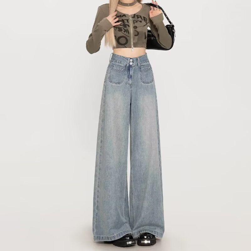 High-Waisted Wide-Leg Jeans for Women, Autumn 2025 New Style, Light Blue Early Autumn Loose Floor-Length Flared Pants, Spring and Autumn Style