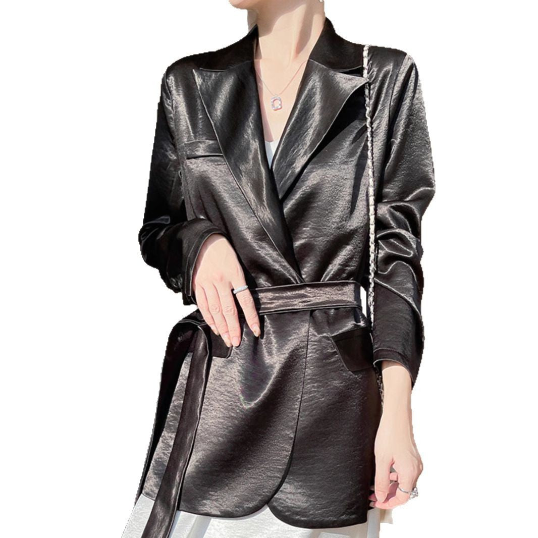 Light Luxury French Style Slimming Women's Coat Belt Satin Suit Women's Loose Elegant Glossy Casual Suit