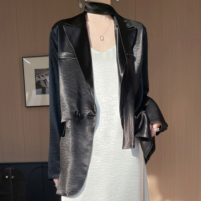 Light Luxury French Style Slimming Women's Coat Belt Satin Suit Women's Loose Elegant Glossy Casual Suit