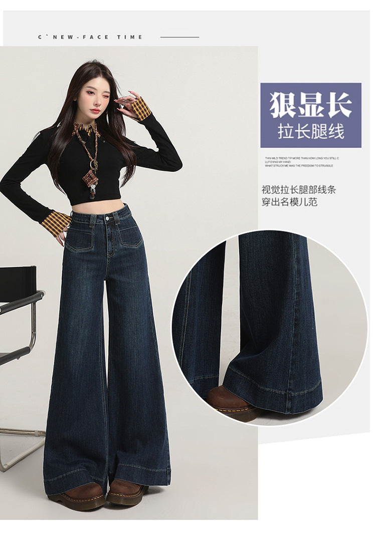 Retro American Style Denim Blue Flared Jeans for Women 2025 Autumn New Slimming Versatile Bootcut Pants
