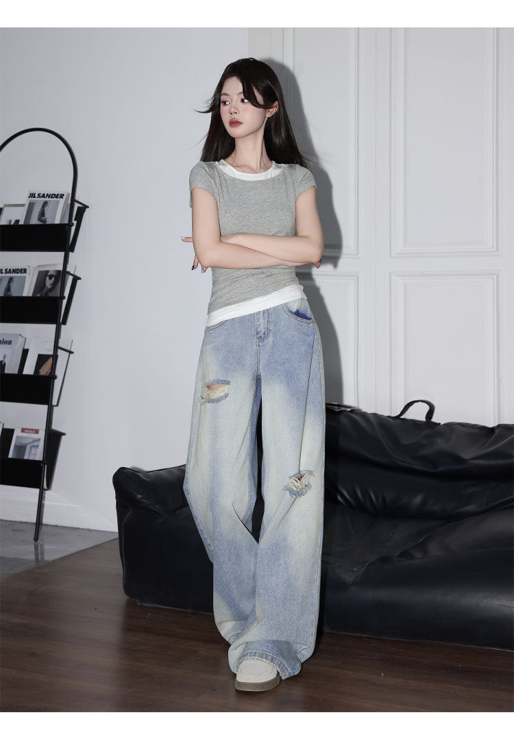 Spring and Autumn Design Retro Versatile Light Blue Ripped Jeans for Women American Style Loose High-Waisted Wide-Leg Pants