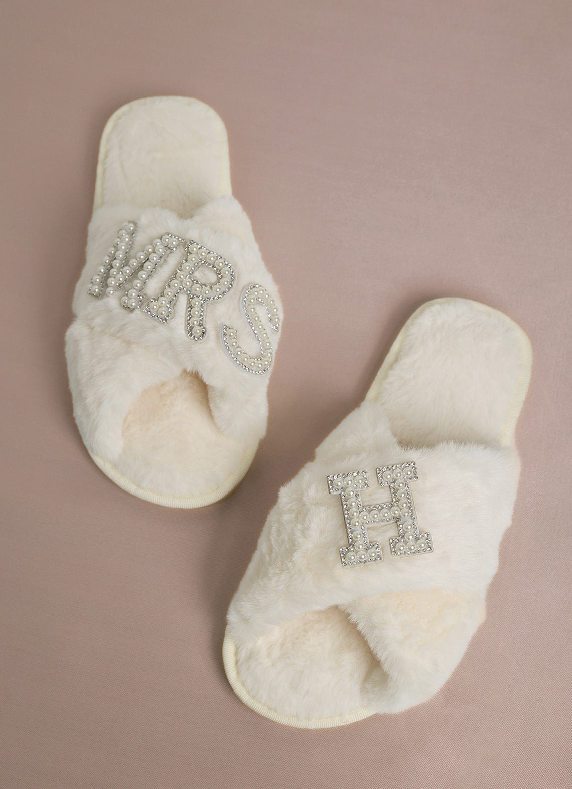 Cross-Border Popular Pearl Letters Bride Bridal Cross Fur Slippers Bachelor Party Wedding Plush Slippers for Women