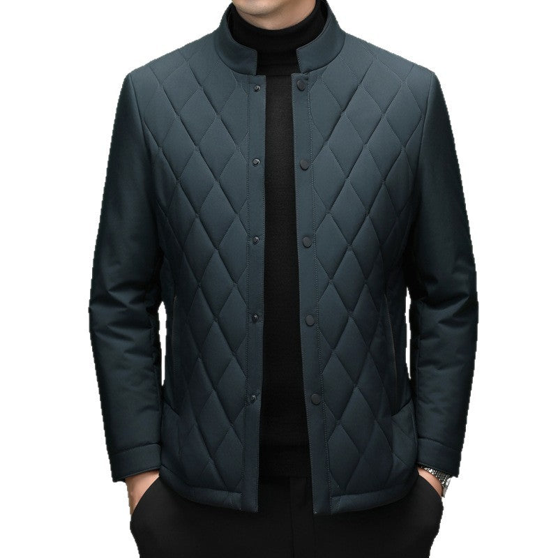 Men's Stand Collar Diamond Pattern Cotton Jacket Autumn and Winter Business Casual Warm Jacket Young and Middle-Aged Fashion Single-Breasted Top