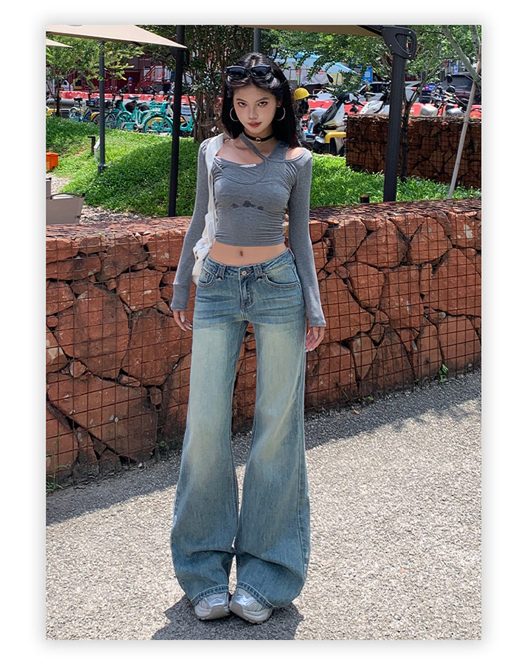 American Hot Girl Washed Retro Slim Jeans for Women Early Autumn New Versatile Fashionable and Comfortable Low-Waist Micro-Flared Pants