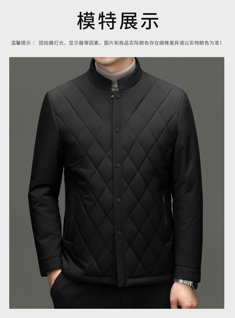 Men's Stand Collar Diamond Pattern Cotton Jacket Autumn and Winter Business Casual Warm Jacket Young and Middle-Aged Fashion Single-Breasted Top