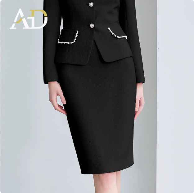 AD French Commuter Suit suit Women's High-end Pearl Crewneck Long-sleeved Jacket Black Business Dress Overskirt