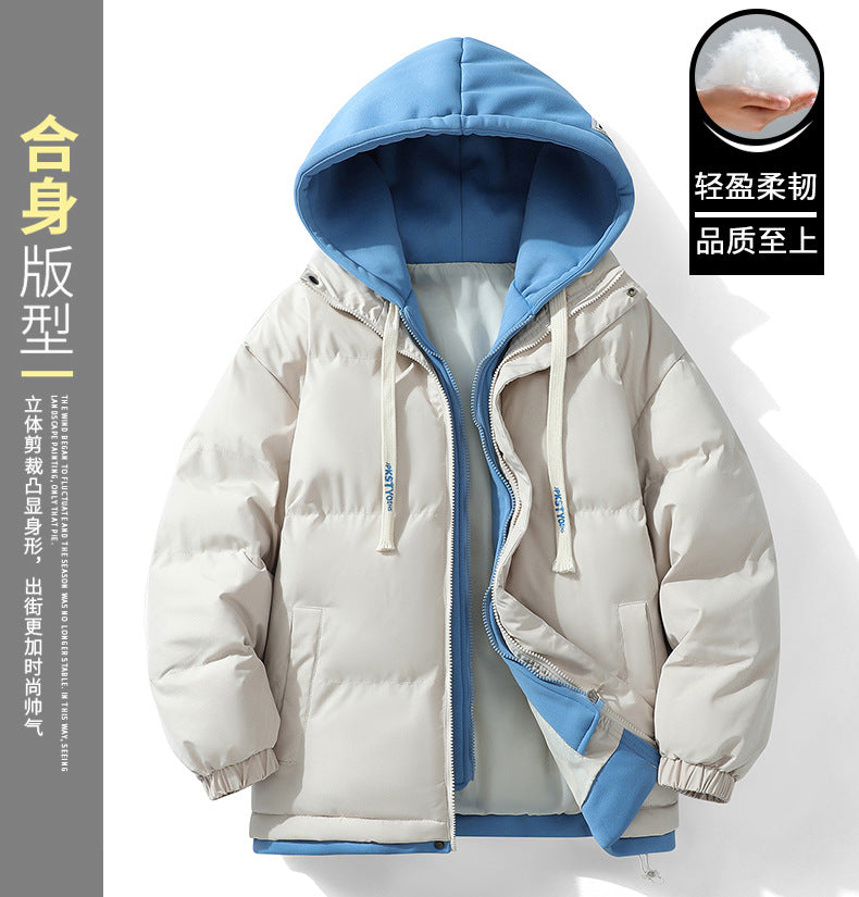 Hooded cotton-padded jacket winter thick warm couple's bread suit loose trend fake two-piece cotton-padded jacket men's hooded coat