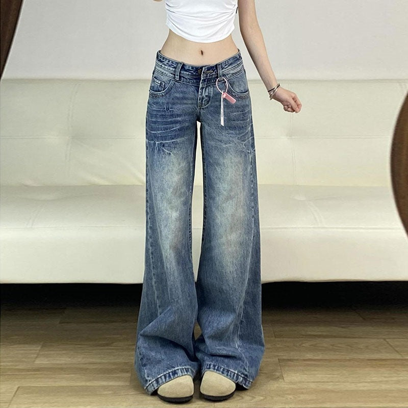 Low-Waist American Style Bootcut Jeans for Women New 2025 Autum Large Size Sexy Loose Slimming Look Straight Bell-Bottomed Pants