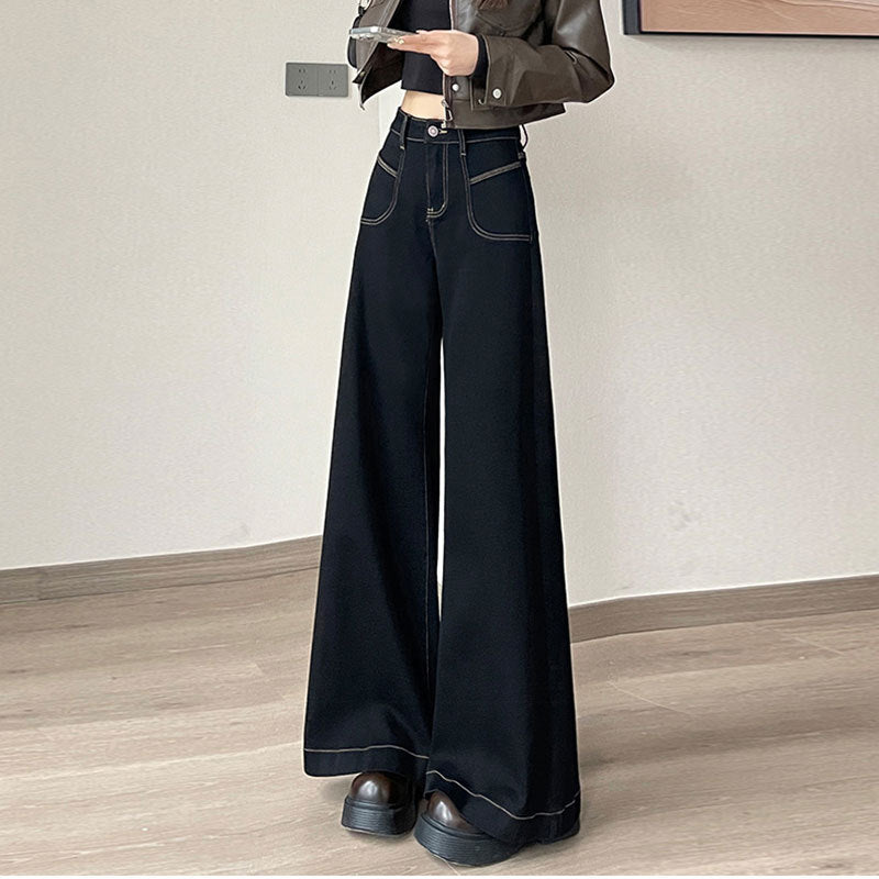 2025 New High-Waisted Black Wide-Leg Jeans for Women, Fashionable and Versatile Spring & Fall Loose Large-Flared Straight Pants