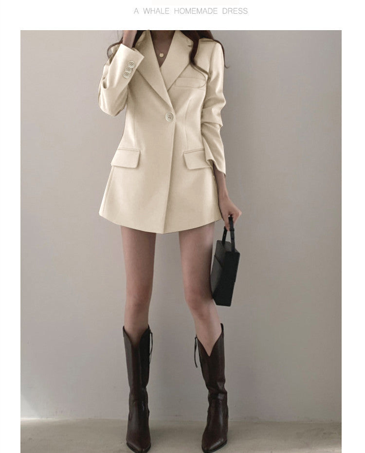 khaki Suit Jacket Women's Spring and Autumn Korean-style Ins Hong Kong-style Retro Top Tight Waist Slimming Mid-length Small Suit
