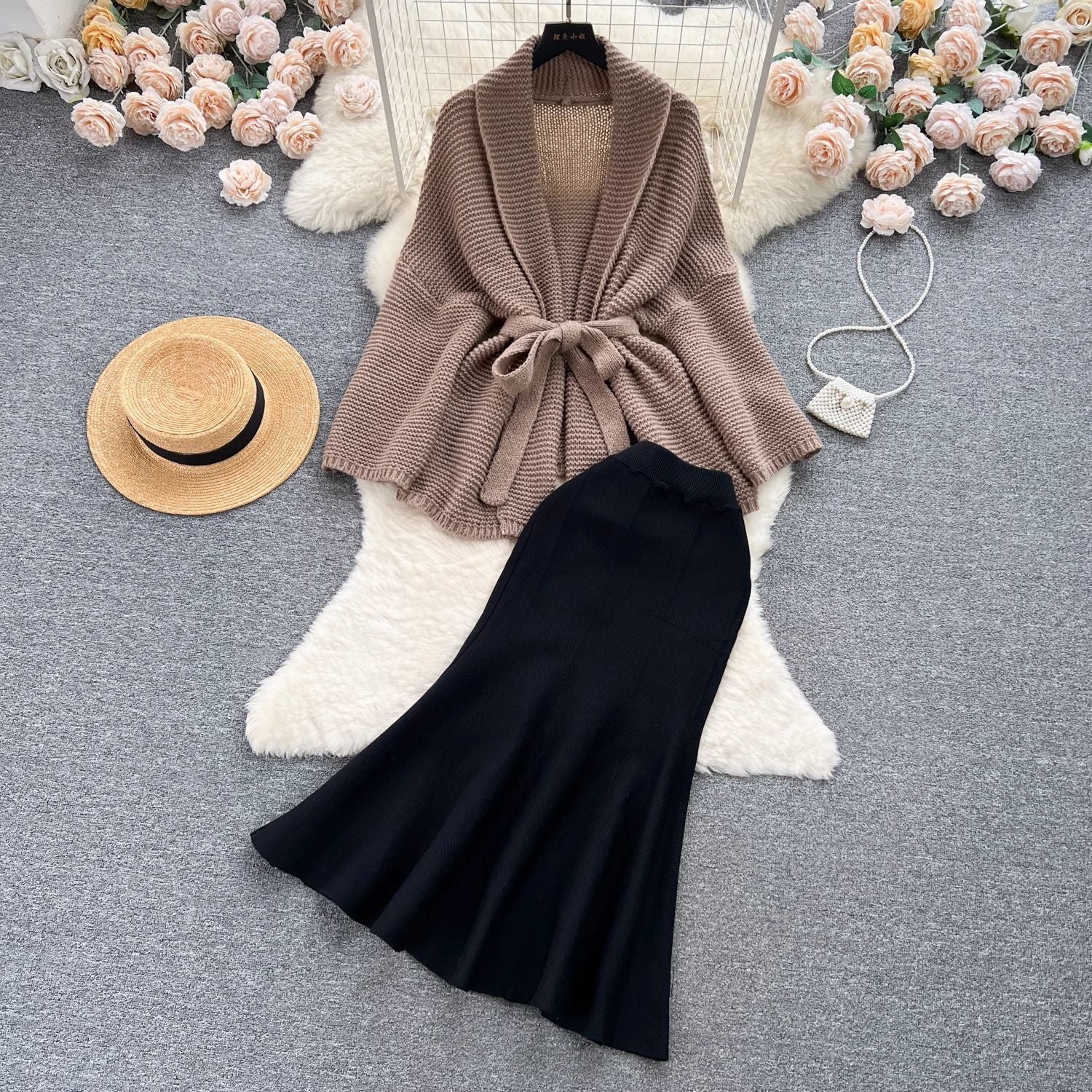 Plus Size Women's Autumn Suit Women's 2025 New Style Covering Flesh and Slimming Look Fishtail Skirt Knitted Cardigan Fashion Two-Piece Set Trendy