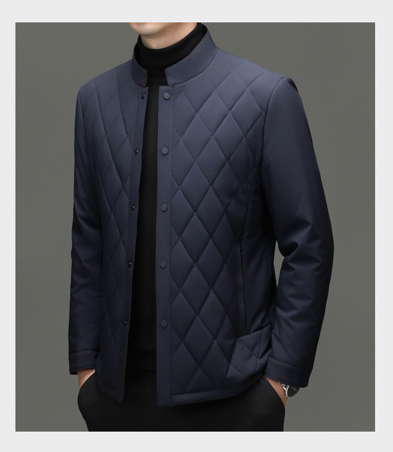 Men's Stand Collar Diamond Pattern Cotton Jacket Autumn and Winter Business Casual Warm Jacket Young and Middle-Aged Fashion Single-Breasted Top