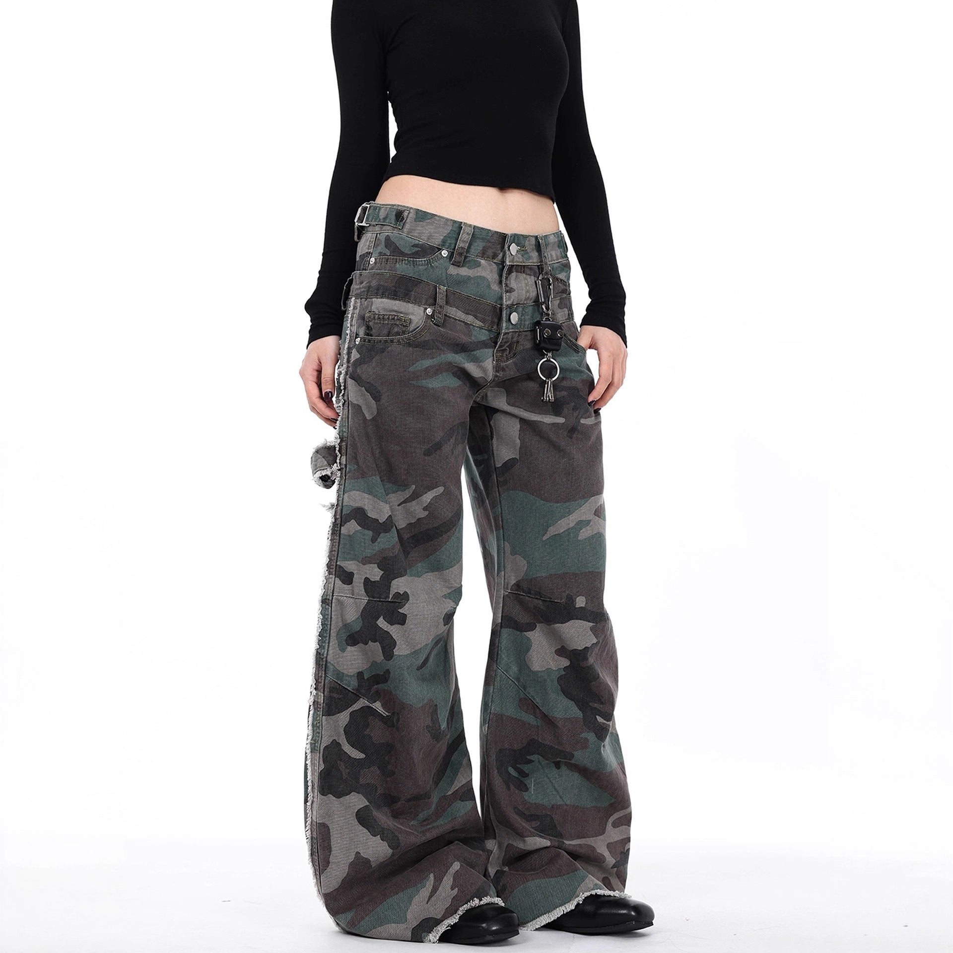 American Retro Design Double Waistband Camouflage Cargo Pants for Men and Women New Deconstructed Loose Wide-Leg Scimitar Jeans
