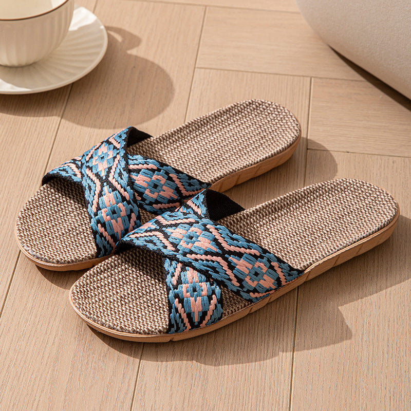 Open Open Toe Cross Linen Four Seasons Men and Women Couple Home Floor Slippers Linen Summer Sandals