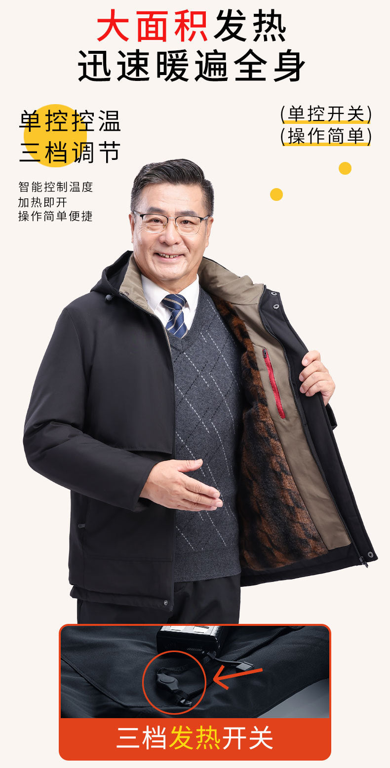 Factory Direct Supply Rechargeable Heated Cotton Jacket for Men, Fleece-Lined Thickened Hooded Coat, Middle-Aged and Elderly Warm Parka