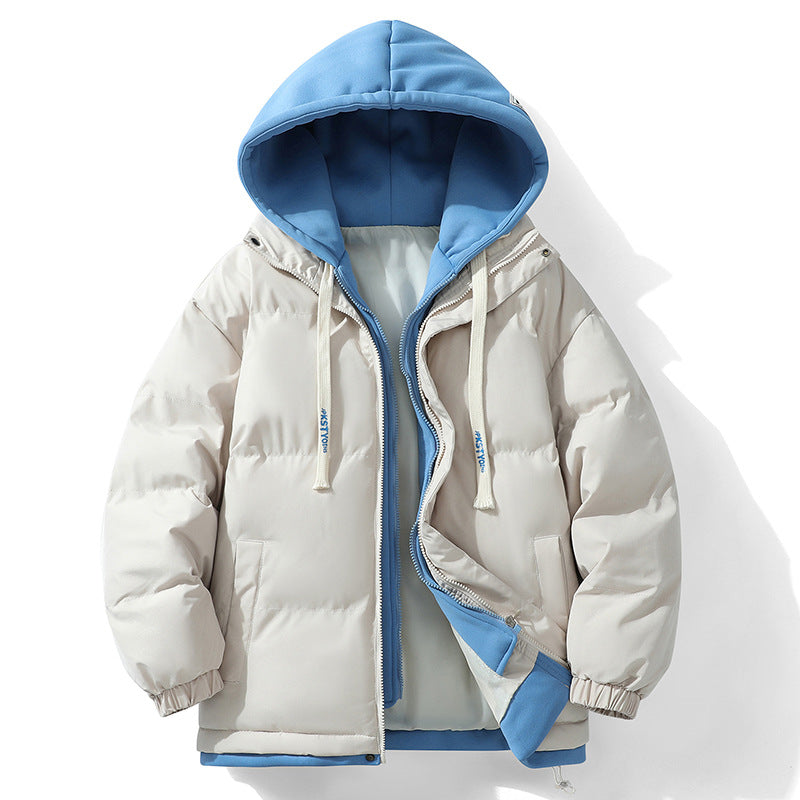 Hooded cotton-padded jacket winter thick warm couple's bread suit loose trend fake two-piece cotton-padded jacket men's hooded coat