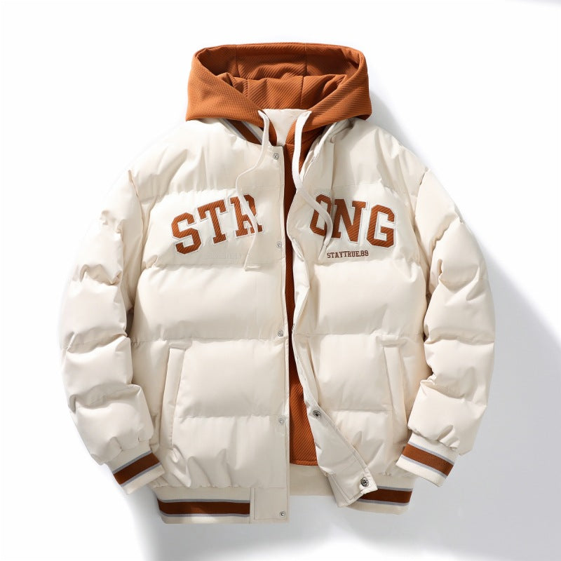 Fake Two-piece Bread Suit Men's Autumn and Winter Hooded Trendy Brand Plus Fashion Letter Printed Jacket Cotton-padded Jacket Source