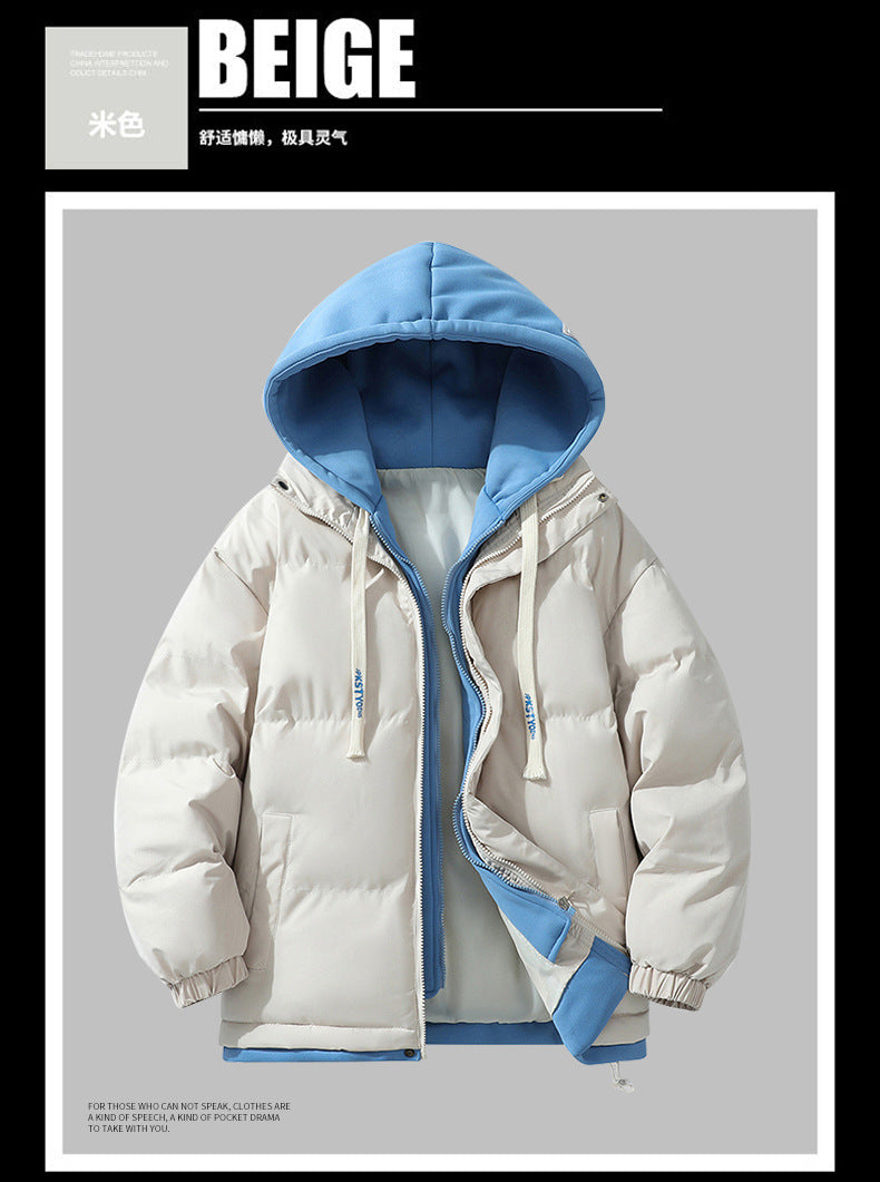 Hooded cotton-padded jacket winter thick warm couple's bread suit loose trend fake two-piece cotton-padded jacket men's hooded coat