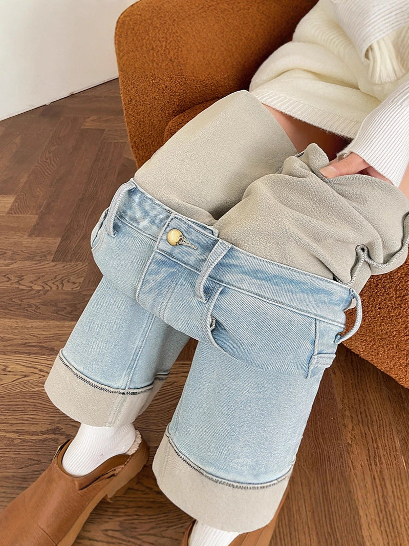 Fleece-Lined Cigarette Jeans for Women, Autumn/Winter 2026 New Style, Wide-Leg, Slim-Fit, Loose, Flattering, Petite Straight-Leg Pants