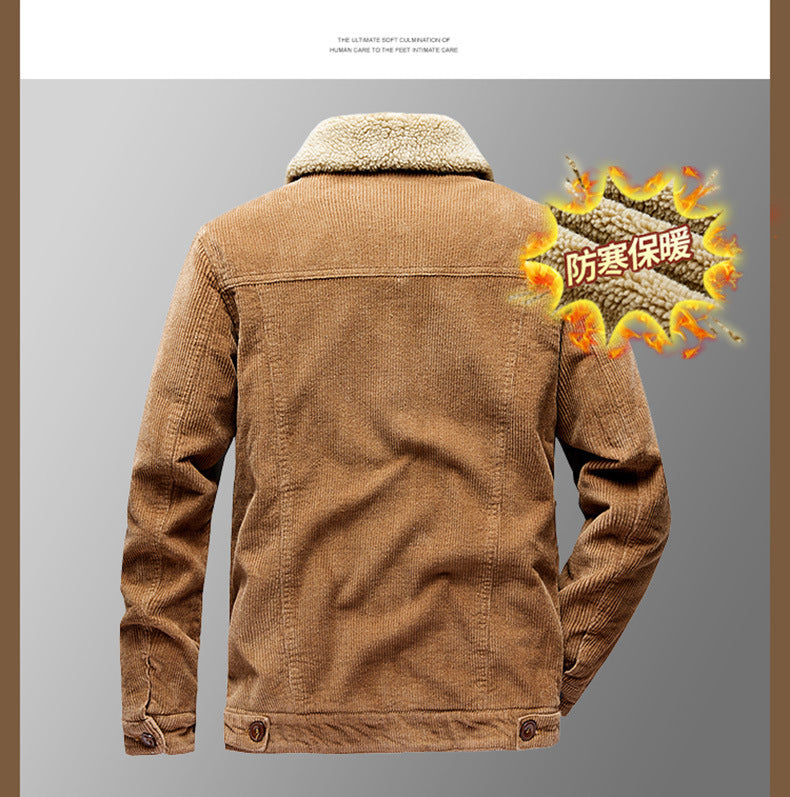 Lamb Velvet Jacket Men's Autumn and Winter Thickeneded Cotton Outwear Corduroy Workwear Cotton Jacket Fleece-Lined Retro Corduroy Jacket
