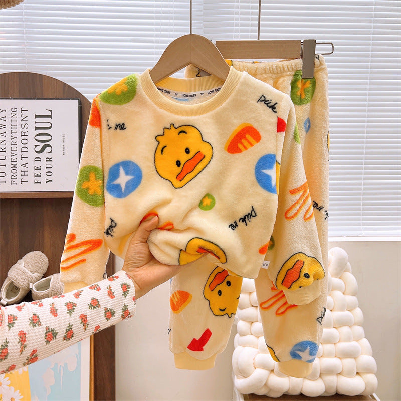 Men's and Women's Flannel Pajamas suit Autumn and Winter Middle and Big Children's Warm fleece-lined Thickened Autumn Clothes and Pants Home Clothes
