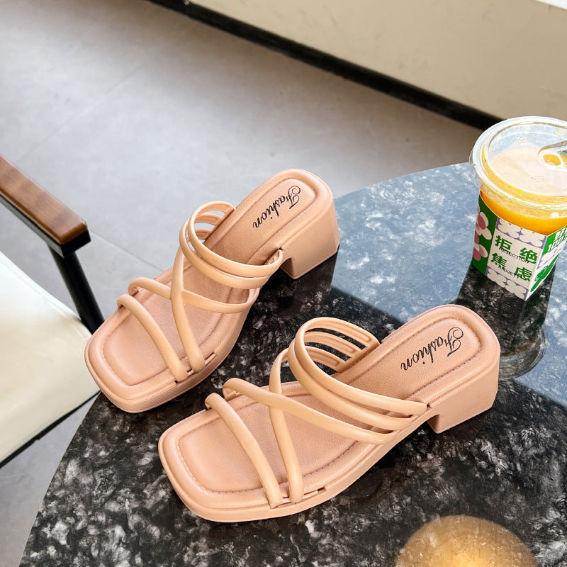 High Heeled Sandals Women's Summer Fashion Thin Strap Sandals Foreign Trade Thick Slippers Women's Southeast Asian Beach Outer Wear Sandals