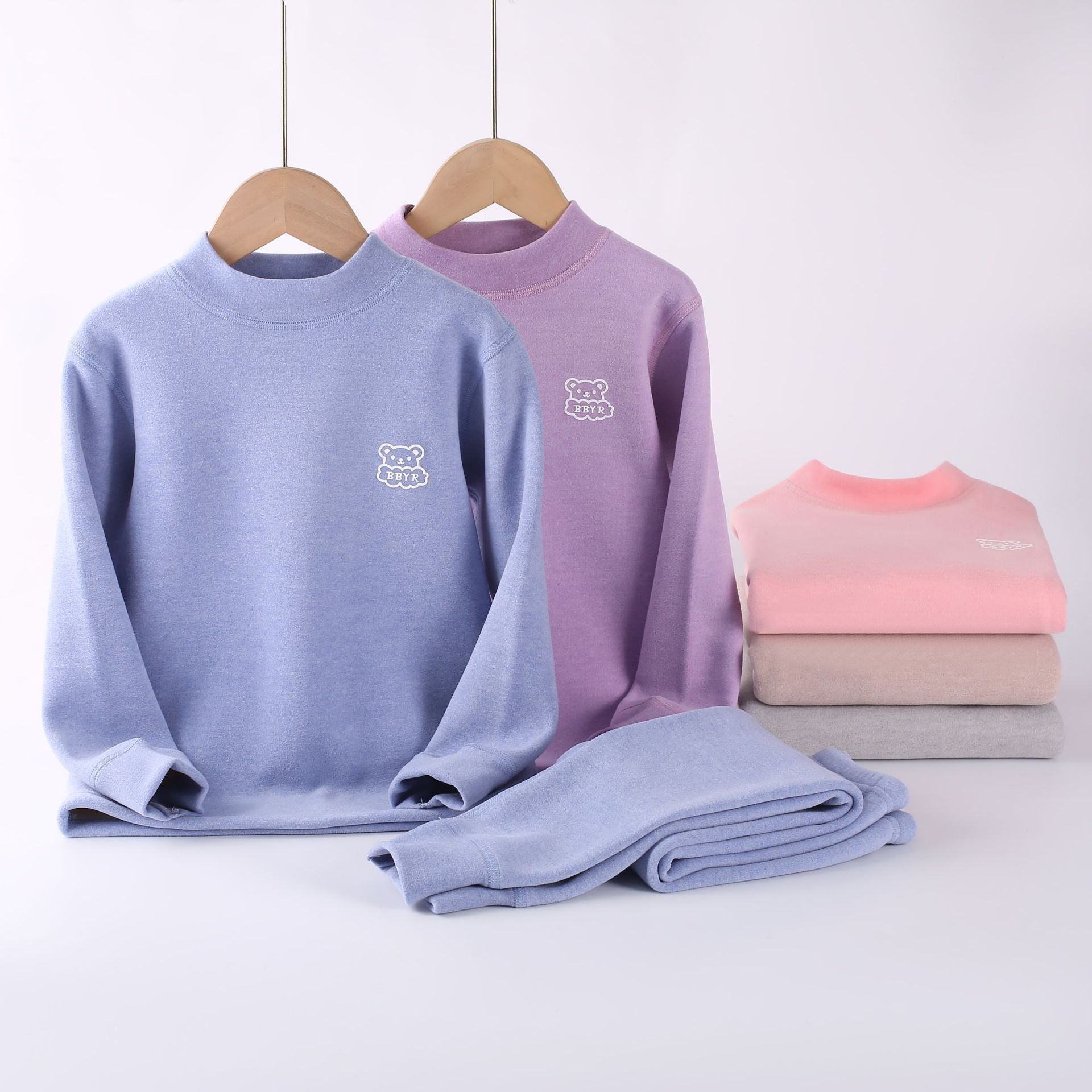 Autumn and winter fleece-lined children's clothing large children's mid-collar autumn pants children's inner warm bottoming shirt children's home clothing suit