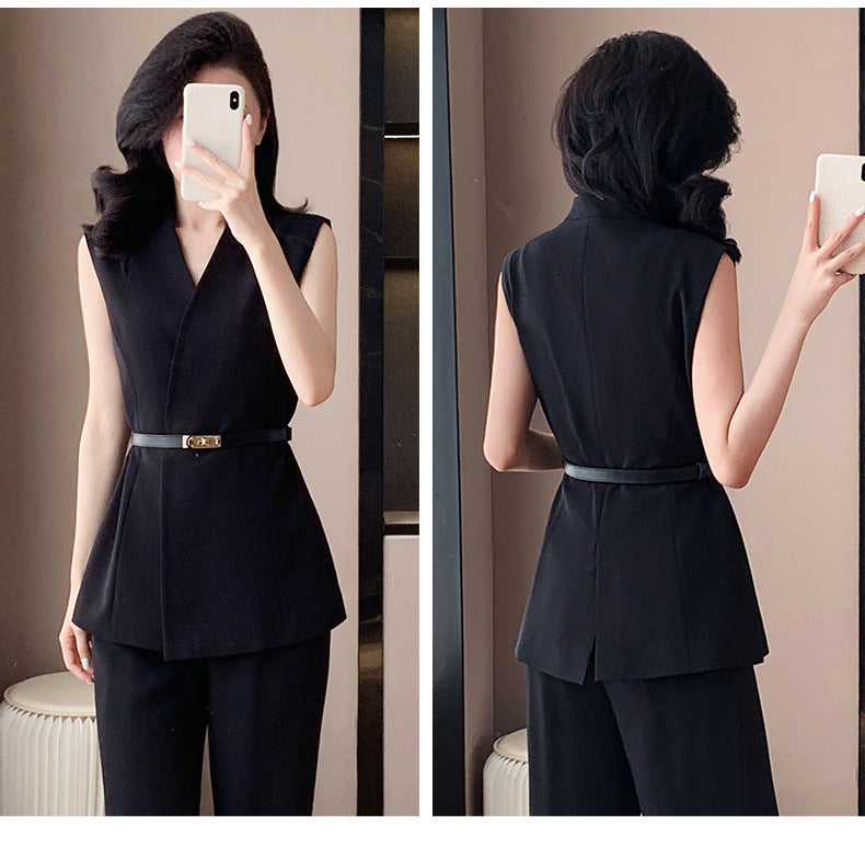 Fashion Casual suit 2025 New High-end Temperament Slimming Waist Sleeveless Jacket Straight Pants Two-piece Set