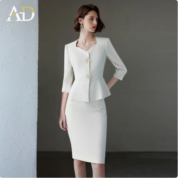 Ad Spring/Summer 2026 New Women's Suit Set, Elegant White Three-Quarter Sleeve Business Attire, Chanel-Style Two-Piece Set