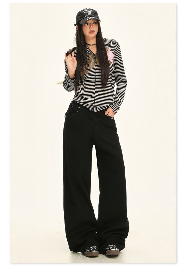 American Retro Pocket Design Black High-Waisted Wide-Leg Pants for Women, New Autumn Loose Drape Slimming Jeans for Women