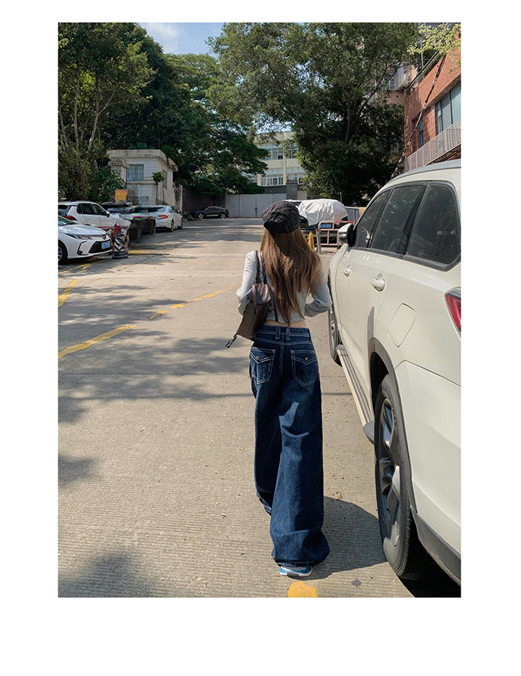 American-Style Dark Blue Wide-Leg Jeans for Women, 2025 Autumn New Straight High-Waisted Loose Slimming Lazy Floor-Length Pants