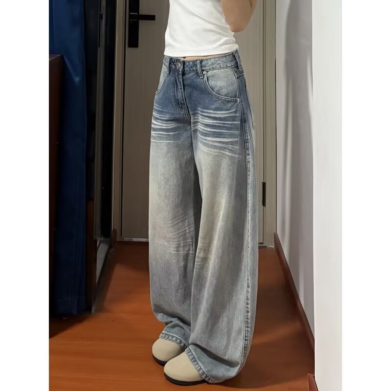 American-Style Wide-Leg Jeans for Women 2025 Spring and Autumn High-Waisted Loose Lazy Drapey Floor-Length Straight Pants