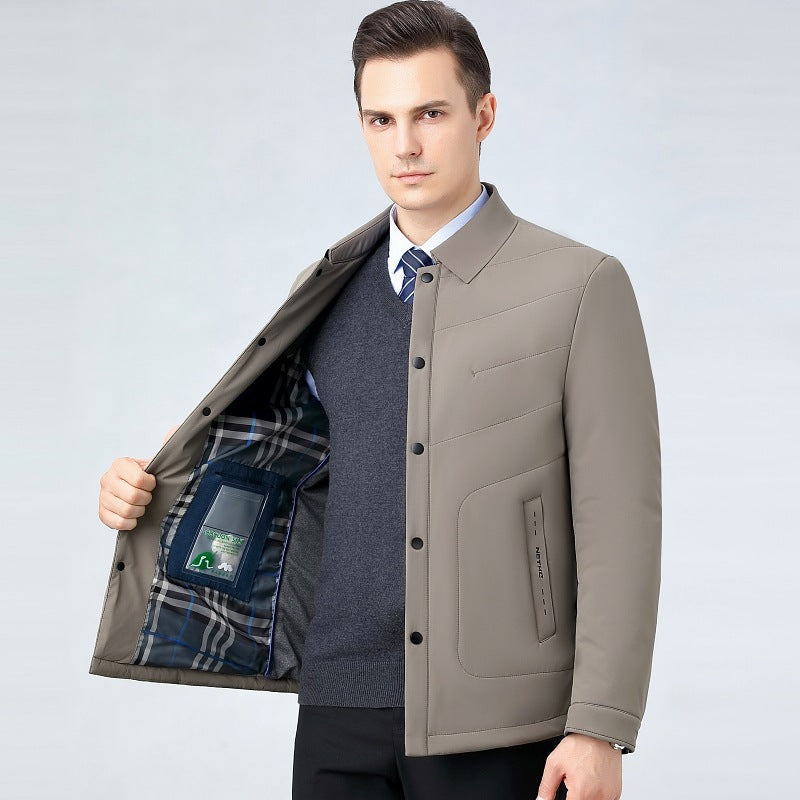 2025 Winter Mulberry Silk Men's Cotton Jacket with Turn-Down Collar, Quilted Middle-Aged Business Casual Cotton Coat for Dad