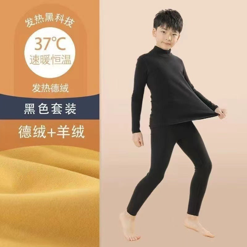 Mid-high collar children's velvet thermal suit for boys ground plush cold-proof one-piece velvet large children's thick thermal underwear